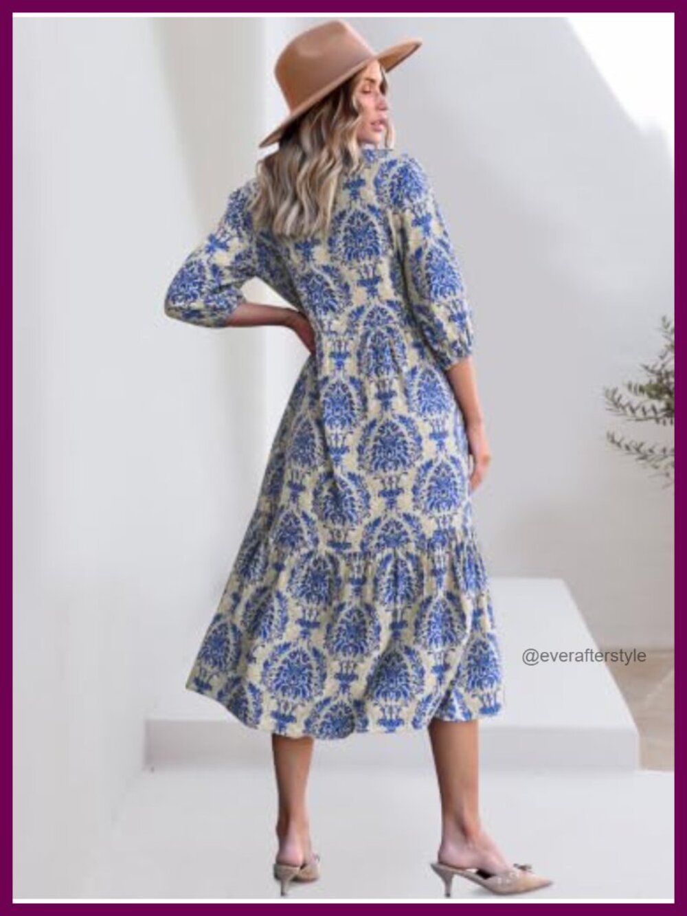 Women's Floral Maxi Dress 3/4 Puff Sleeve V-Neck 100% Rayon Boho - Picture 4 of 6